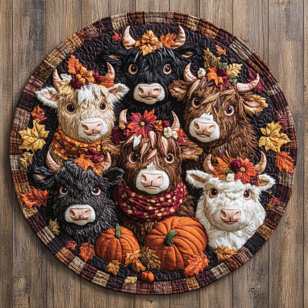 Highland Cow Autumn Lovers WU2003019CL Quilted Round Mat