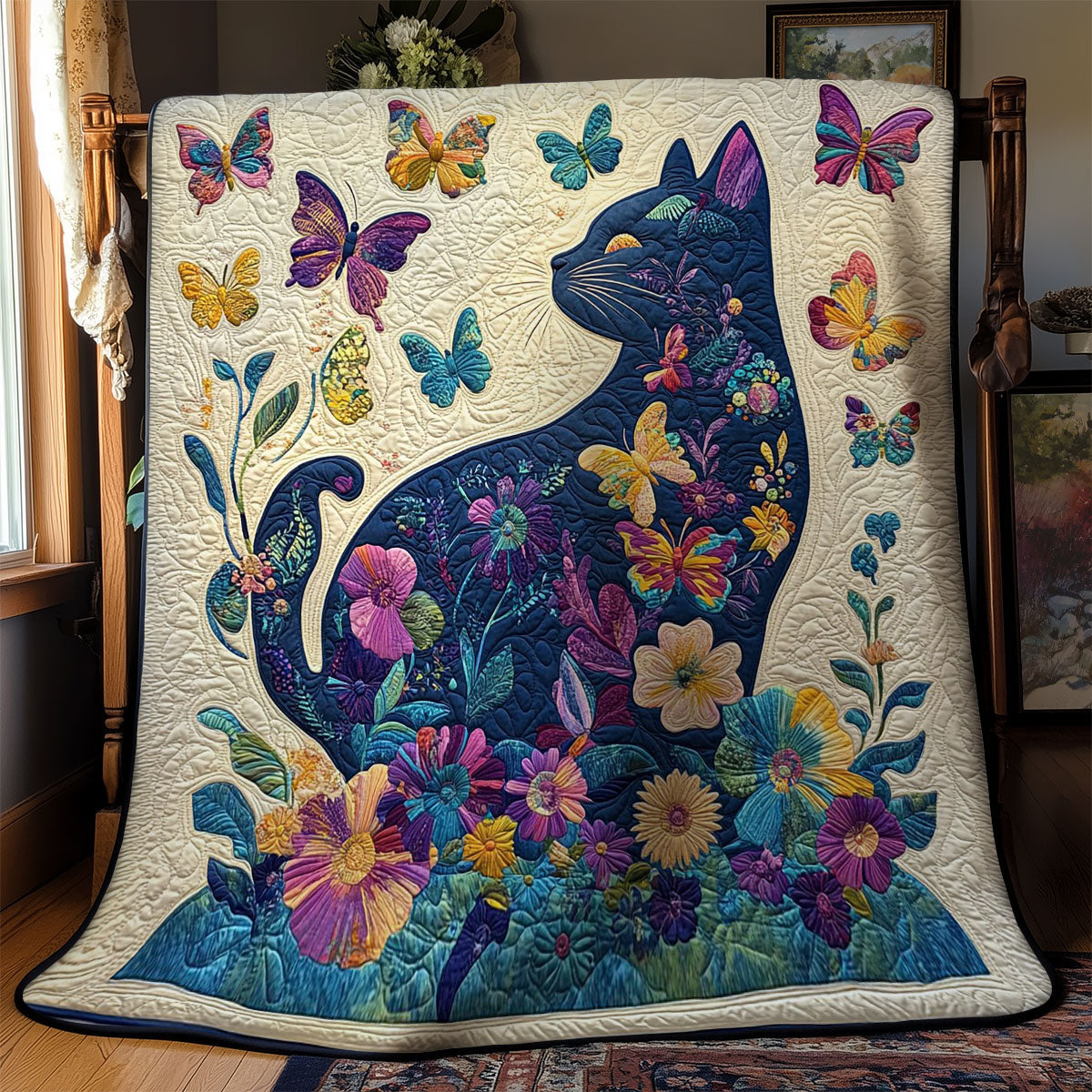 Cat In Flower Garden WY1002028CL Quilt