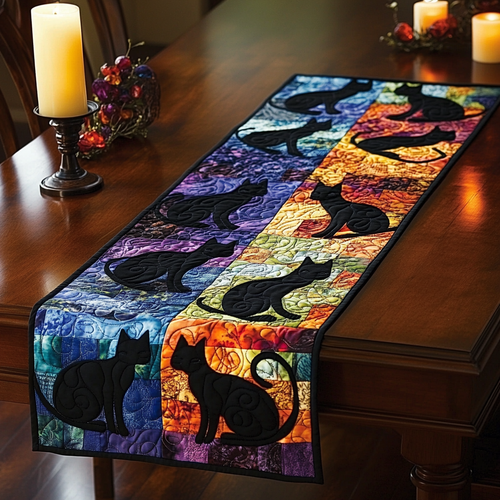 Black Cat In Galaxy WY1901003CL Quilted Table Runner