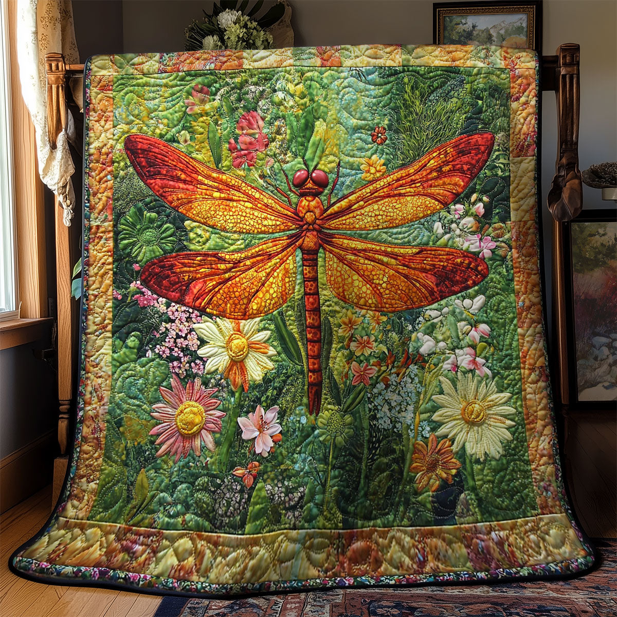 Fire Dragonfly In Garden WY0402021CL Quilt