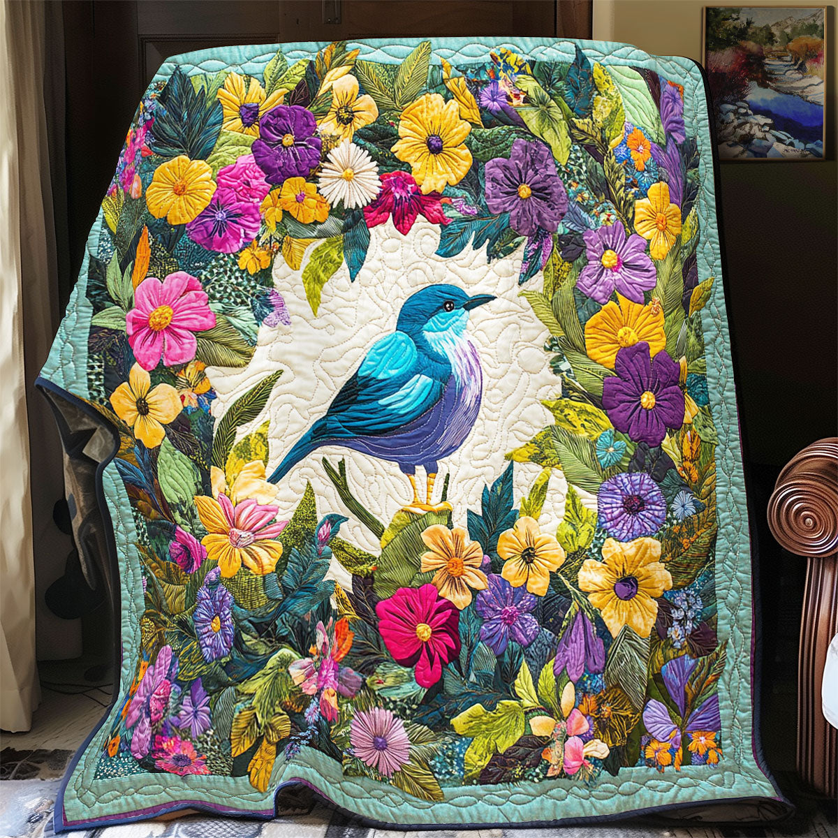 Bird In Flower Wreath WY1002015CL Quilt