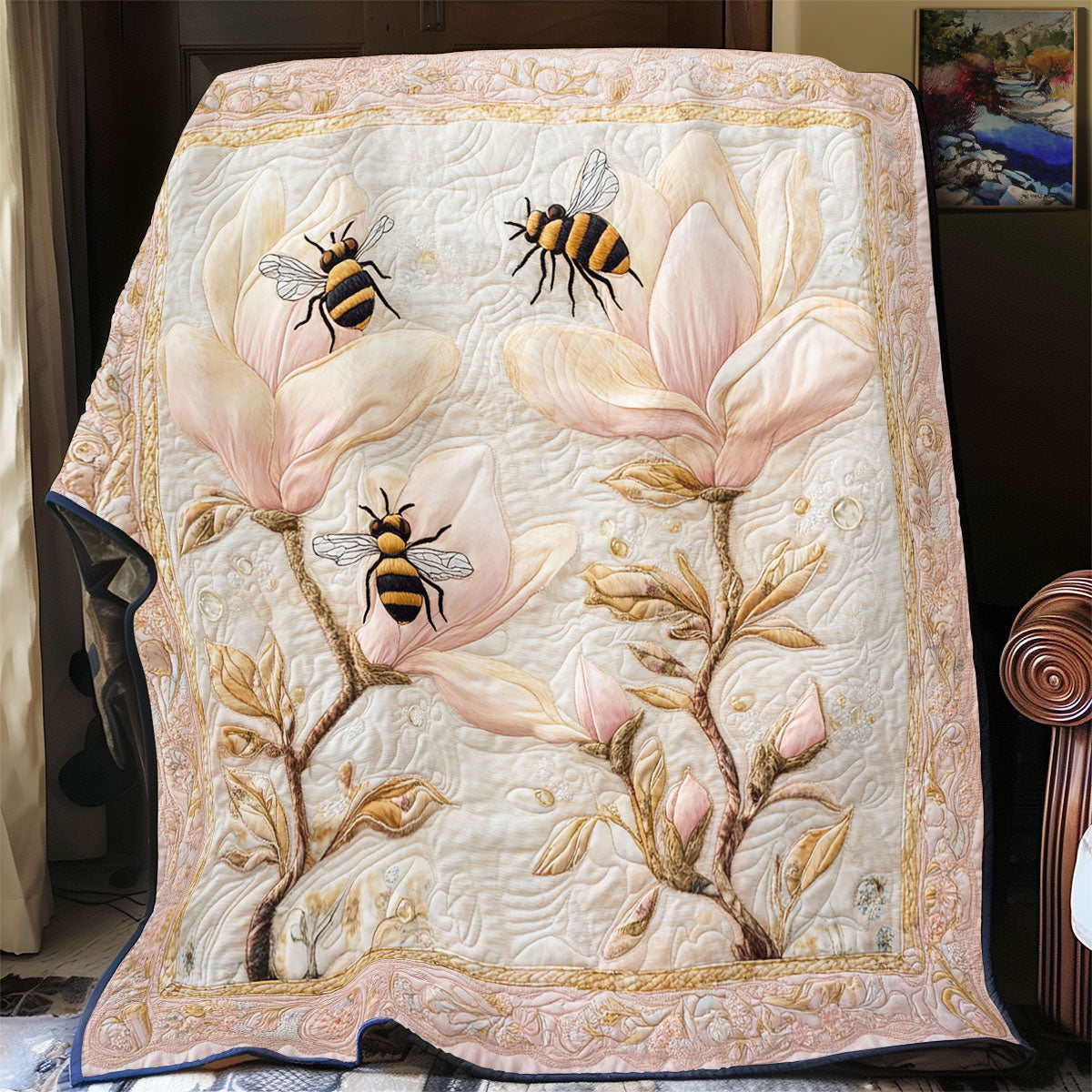 Bee In Pink Magnolia WY2103023CL Quilt