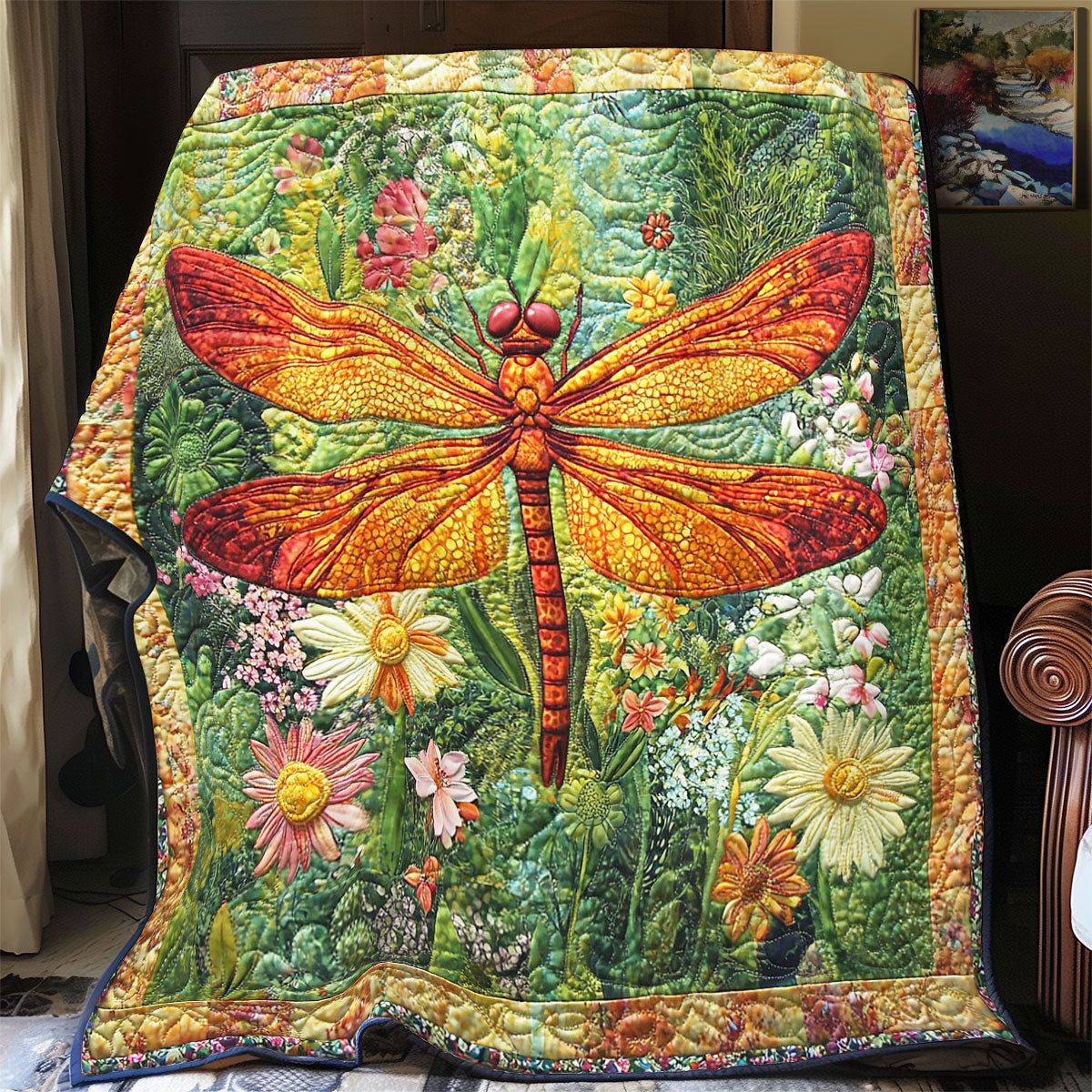 Fire Dragonfly In Garden WY0402021CL Quilt