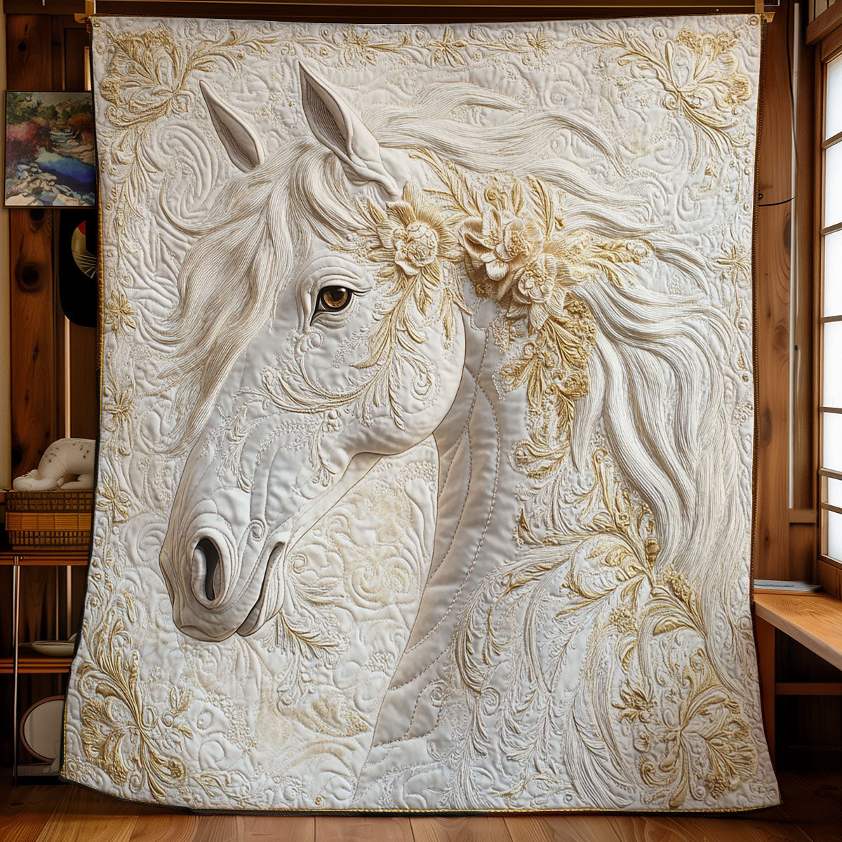 Majestic Floral White Horse WY1303011CL Quilt