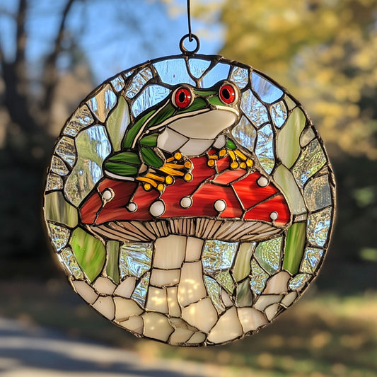 Mushroom And Frog WY2803027CL Stained Glass Suncatcher