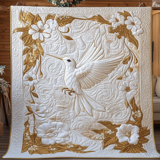 Elegant White Floral Hummingbird WY1507005CL Quilt