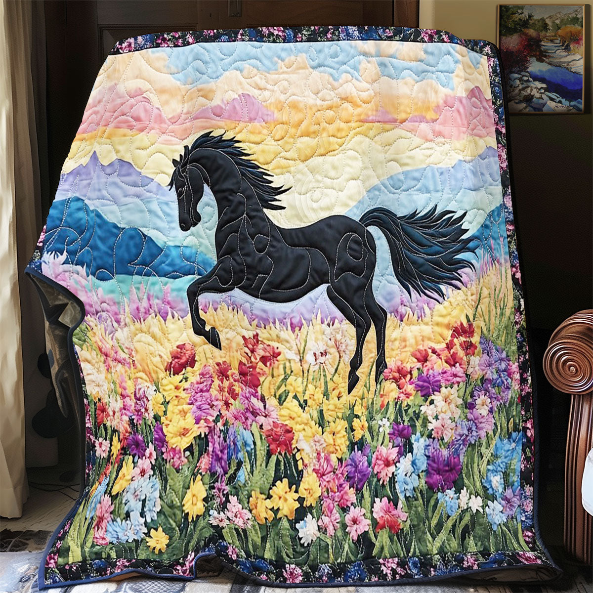 Black Horse In Flower WY1002019CL Quilt