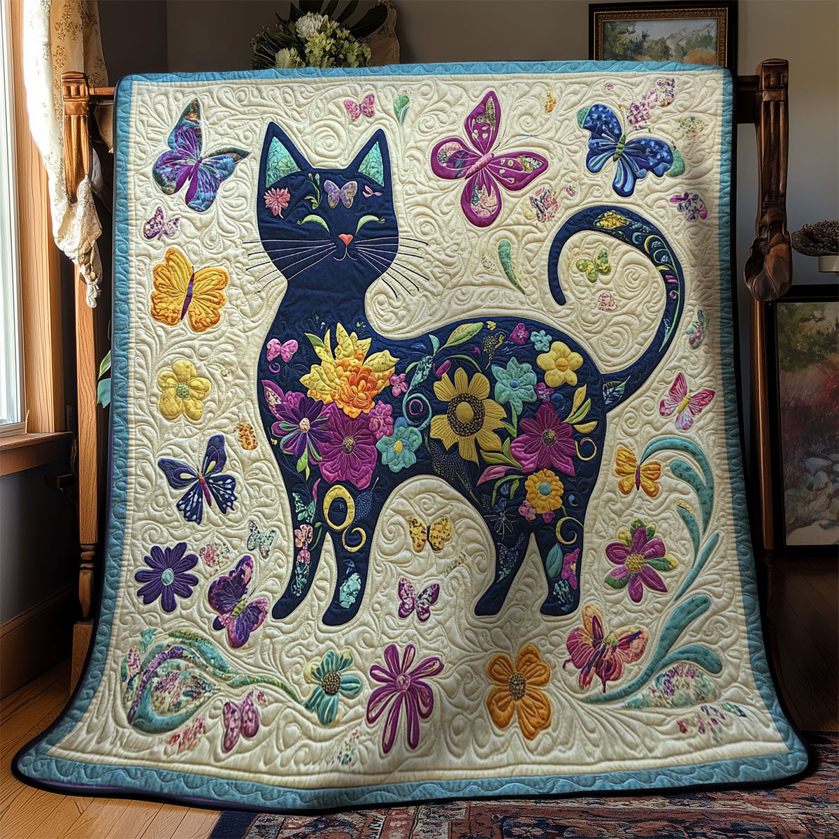 Cat In Flower Garden WY1002029CL Quilt