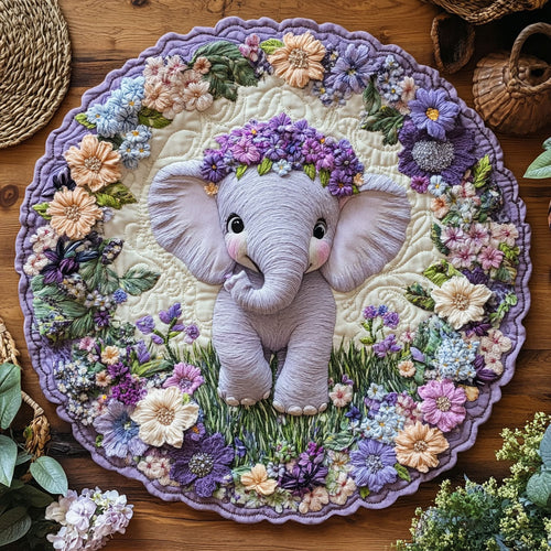 Baby Elephant Flower Crown WY0107079CL Quilted Round Mat