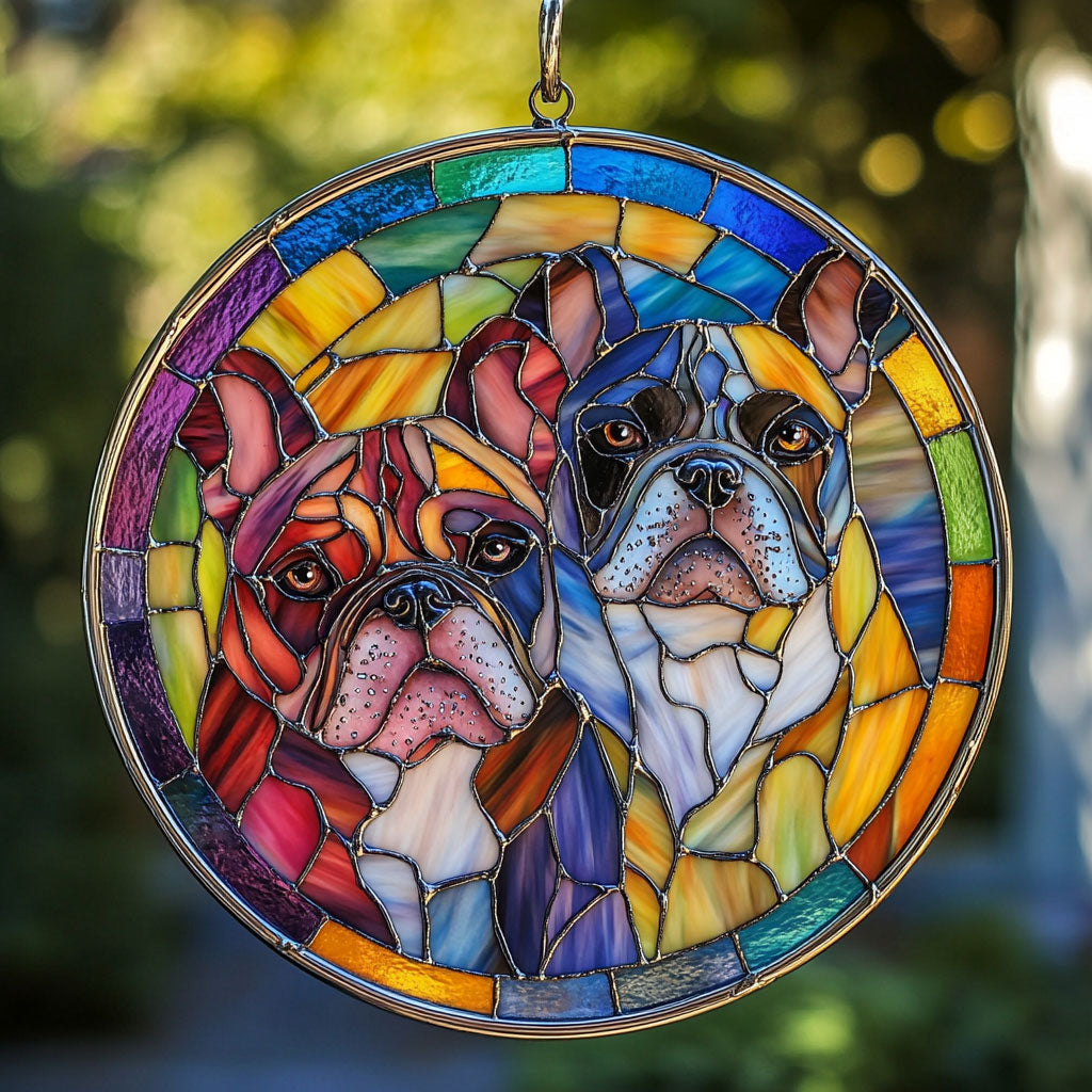 Bulldog Couple WU1601046CL Stained Glass Suncatcher