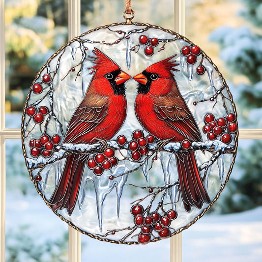 Cardinal Couple WU1701002CL Stained Glass Suncatcher