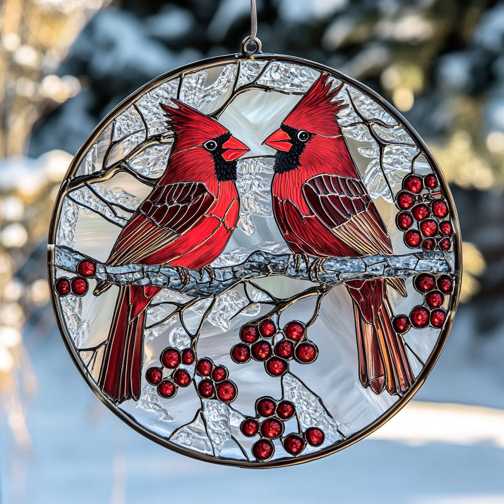 Cardinal Couple WU1701003CL Stained Glass Suncatcher