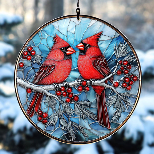 Cardinal Couple WU1701007CL Stained Glass Suncatcher