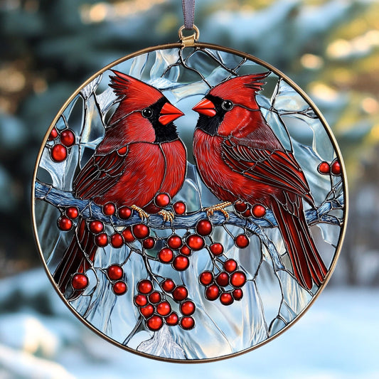 Cardinal Couple WU1701008CL Stained Glass Suncatcher