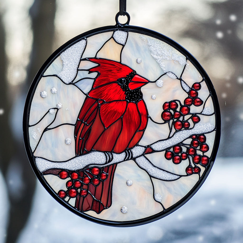 Cardinal Winter Snow WU1402001CL Stained Glass Suncatcher