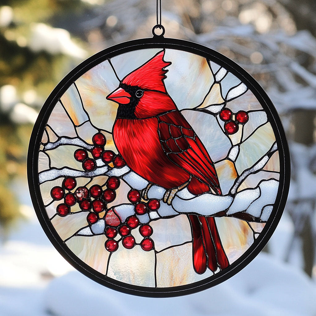 Cardinal Winter Snow WU1402002CL Stained Glass Suncatcher