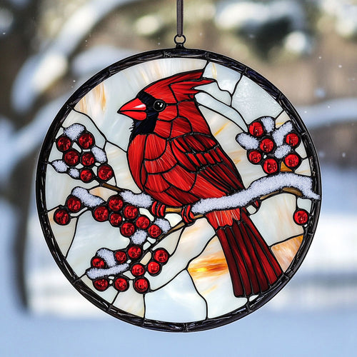 Cardinal Winter Snow WU1402003CL Stained Glass Suncatcher