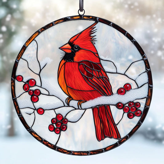 Cardinal Winter Snow WU1402004CL Stained Glass Suncatcher