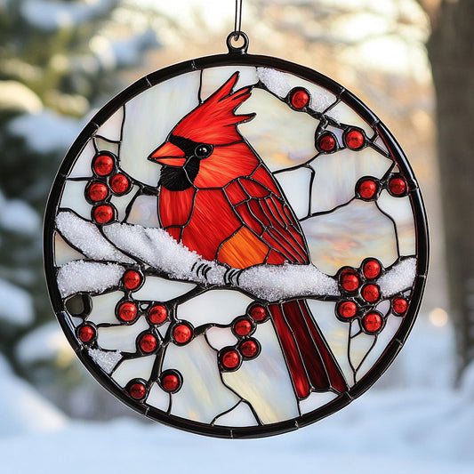 Cardinal Winter Snow WU1402005CL Stained Glass Suncatcher