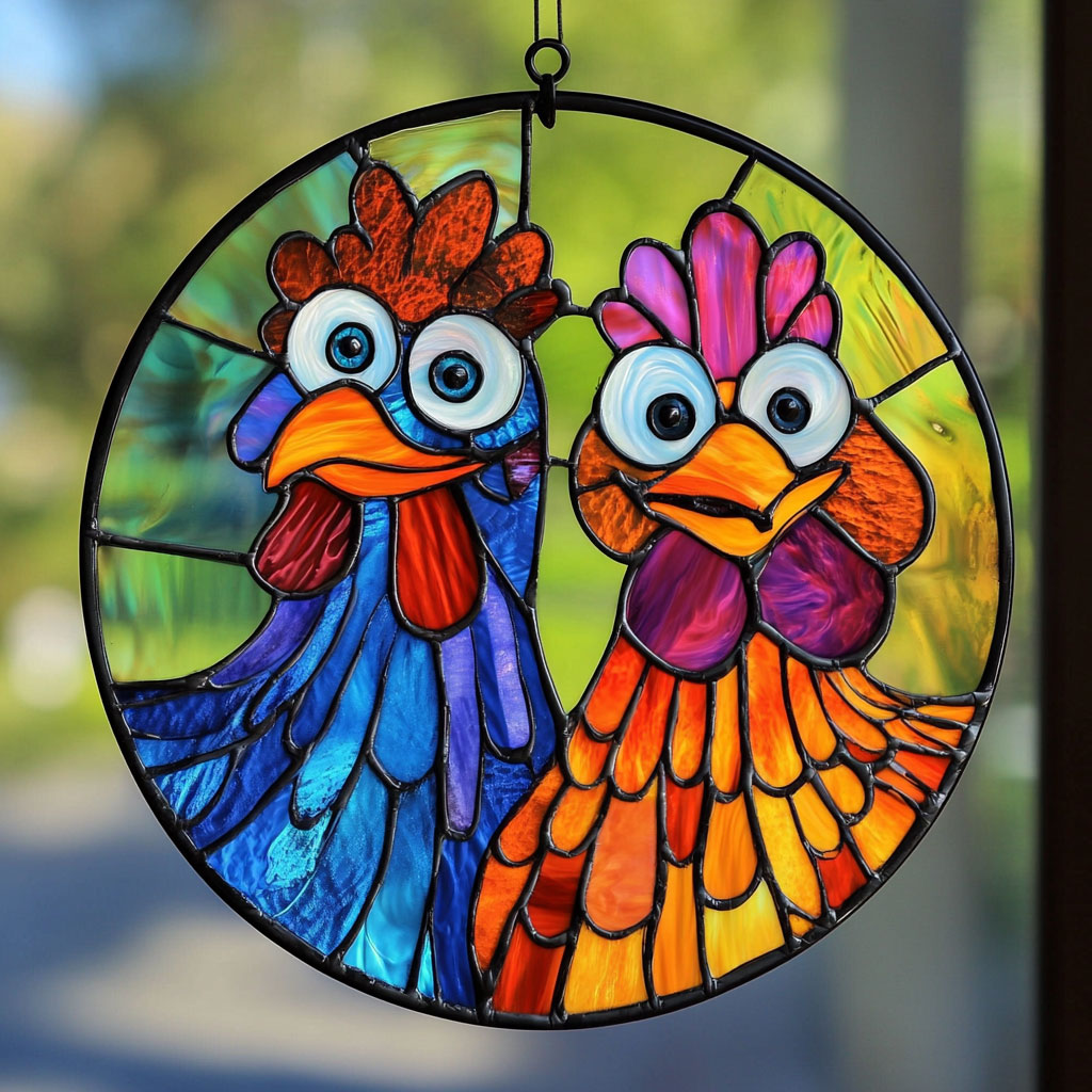 Couple Chicken WU1601008CL Stained Glass Suncatcher