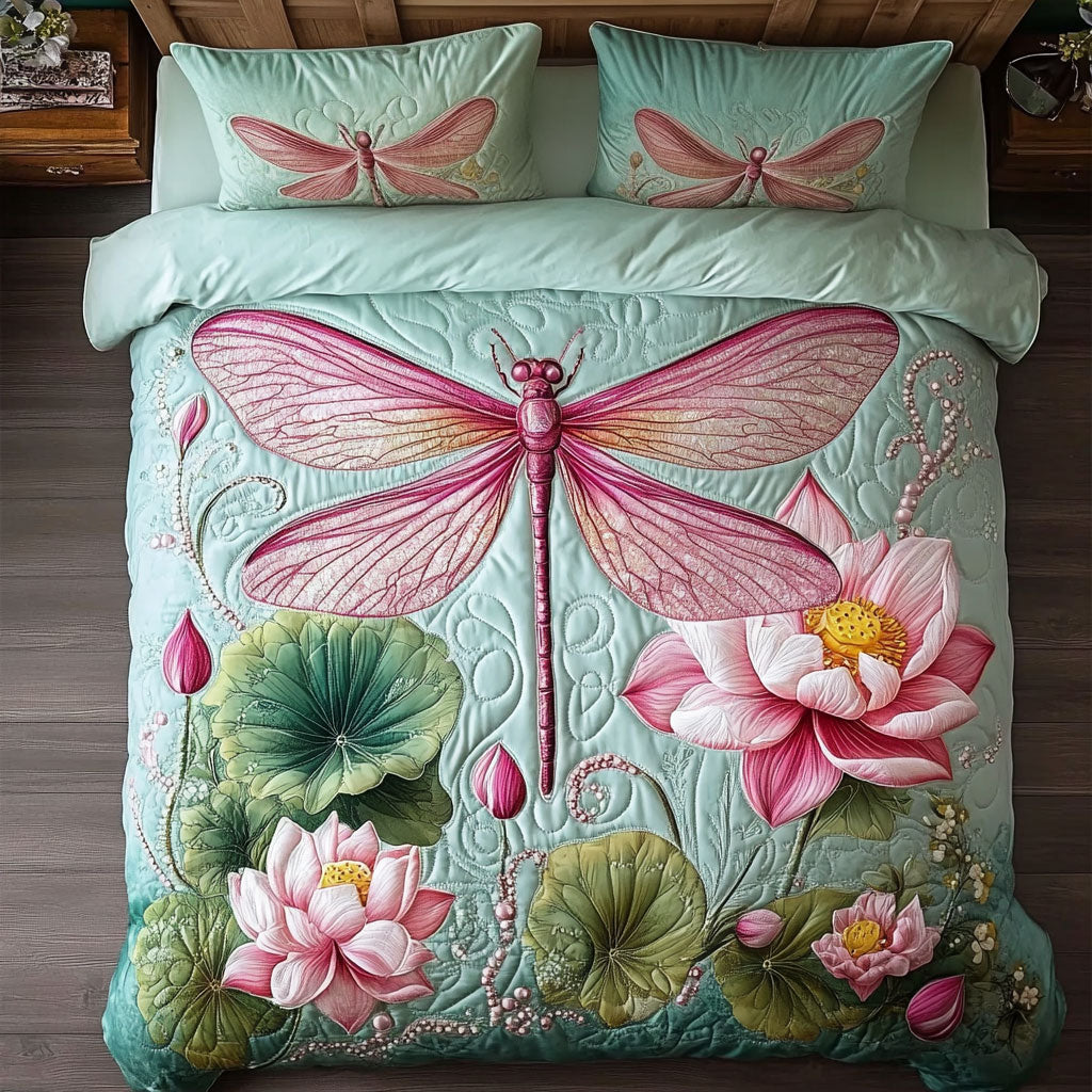 Pink Dragonfly In Lotus WY1806006CL Duvet Cover Set