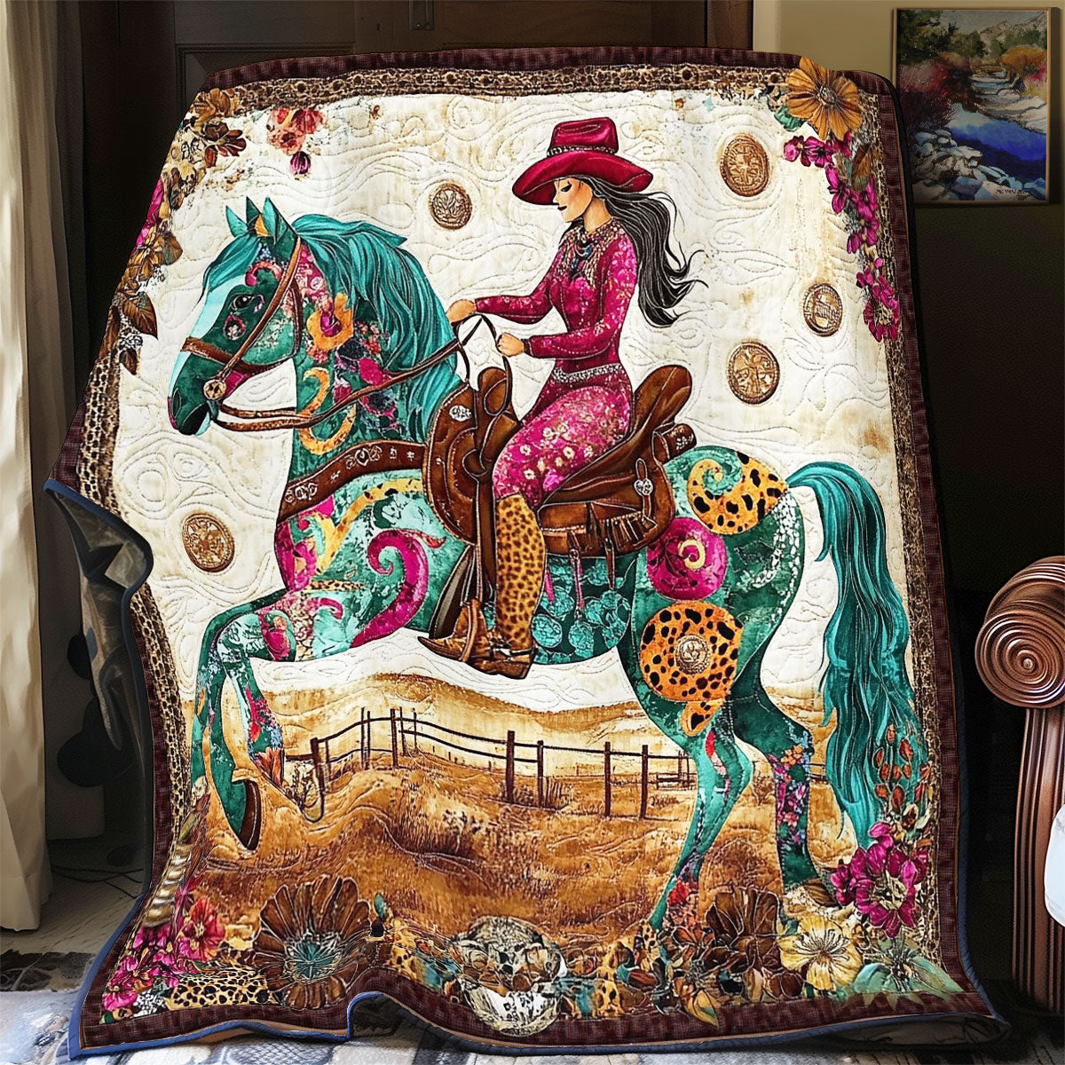 Vibrant Cowboy Riding Horse WY2201086CL Quilt