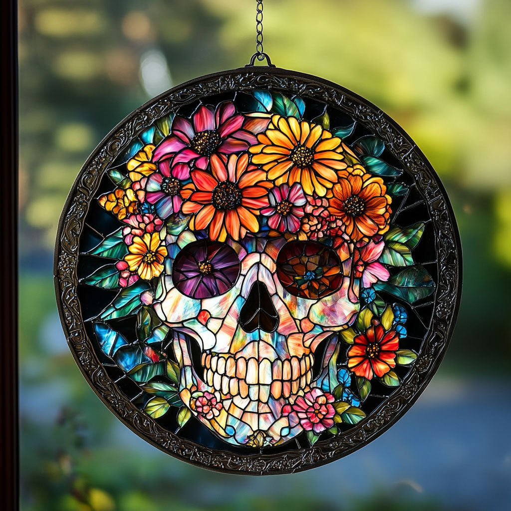 Floral Skull WU1601050CL Stained Glass Suncatcher