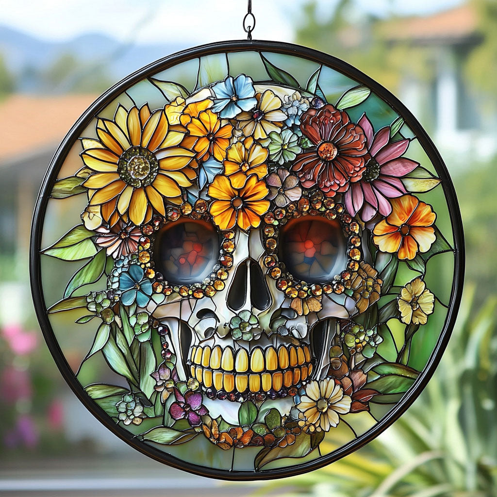 Floral Skull WU1701029CL Stained Glass Suncatcher