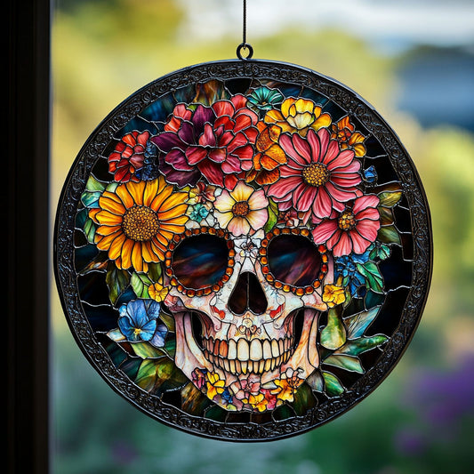 Floral Skull WU1701030CL Stained Glass Suncatcher