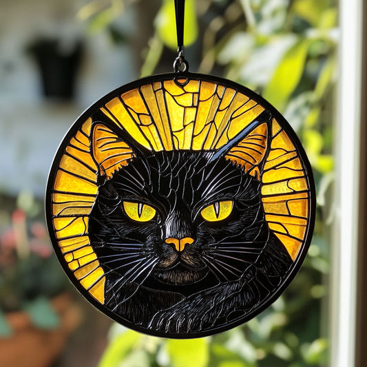 Grumpy Black Cat WU1801028CL Stained Glass Suncatcher