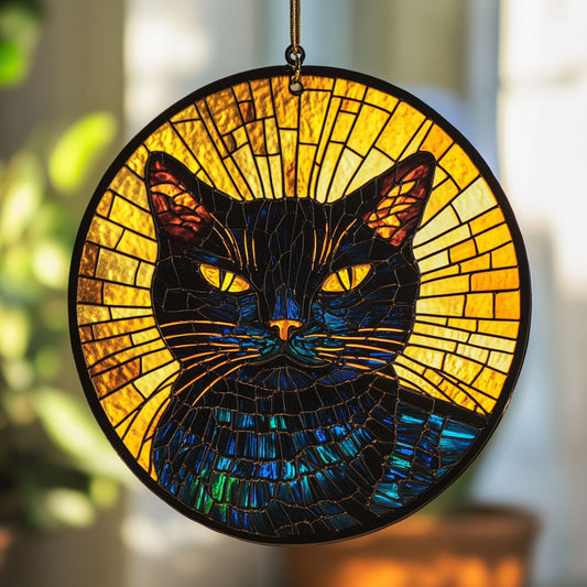 Grumpy Black Cat WU1801032CL Stained Glass Suncatcher