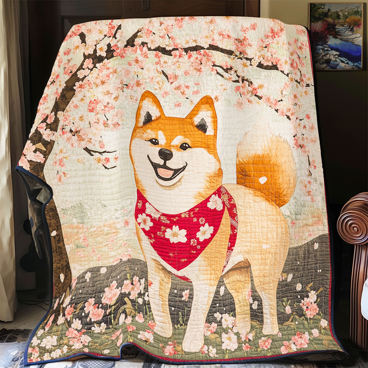 Shiba Inu Under The Cherry Blossom WU2301014CL Quilt