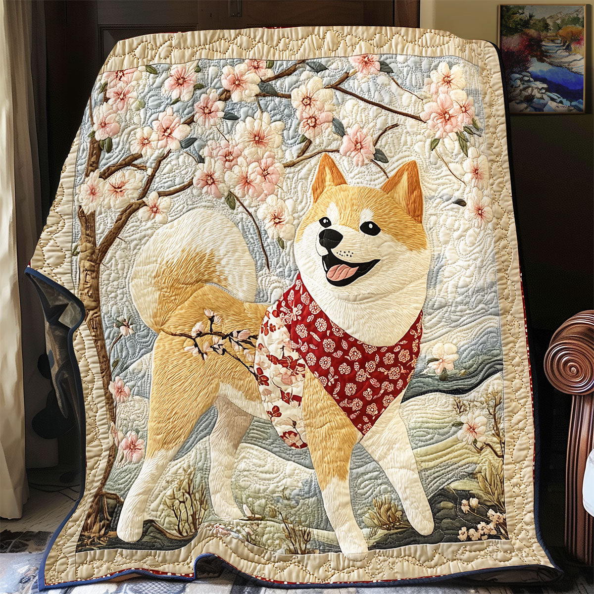 Shiba Inu Under The Cherry Blossom WU2301018CL Quilt