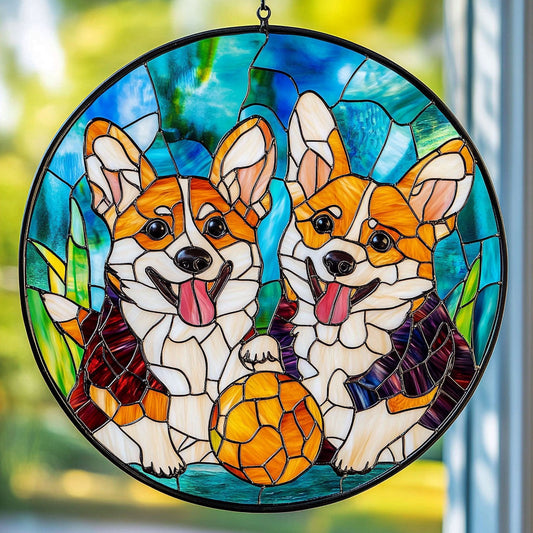 Playful Corgi WU1601056CL Stained Glass Suncatcher