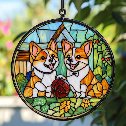 Playful Corgi WU1701040CL Stained Glass Suncatcher