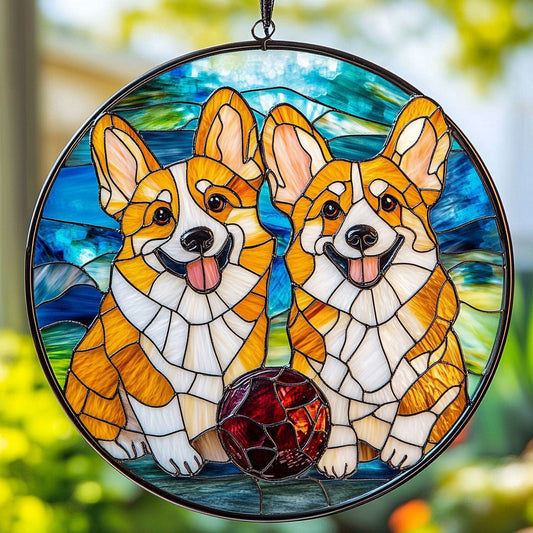 Playful Corgi WU1701041CL Stained Glass Suncatcher