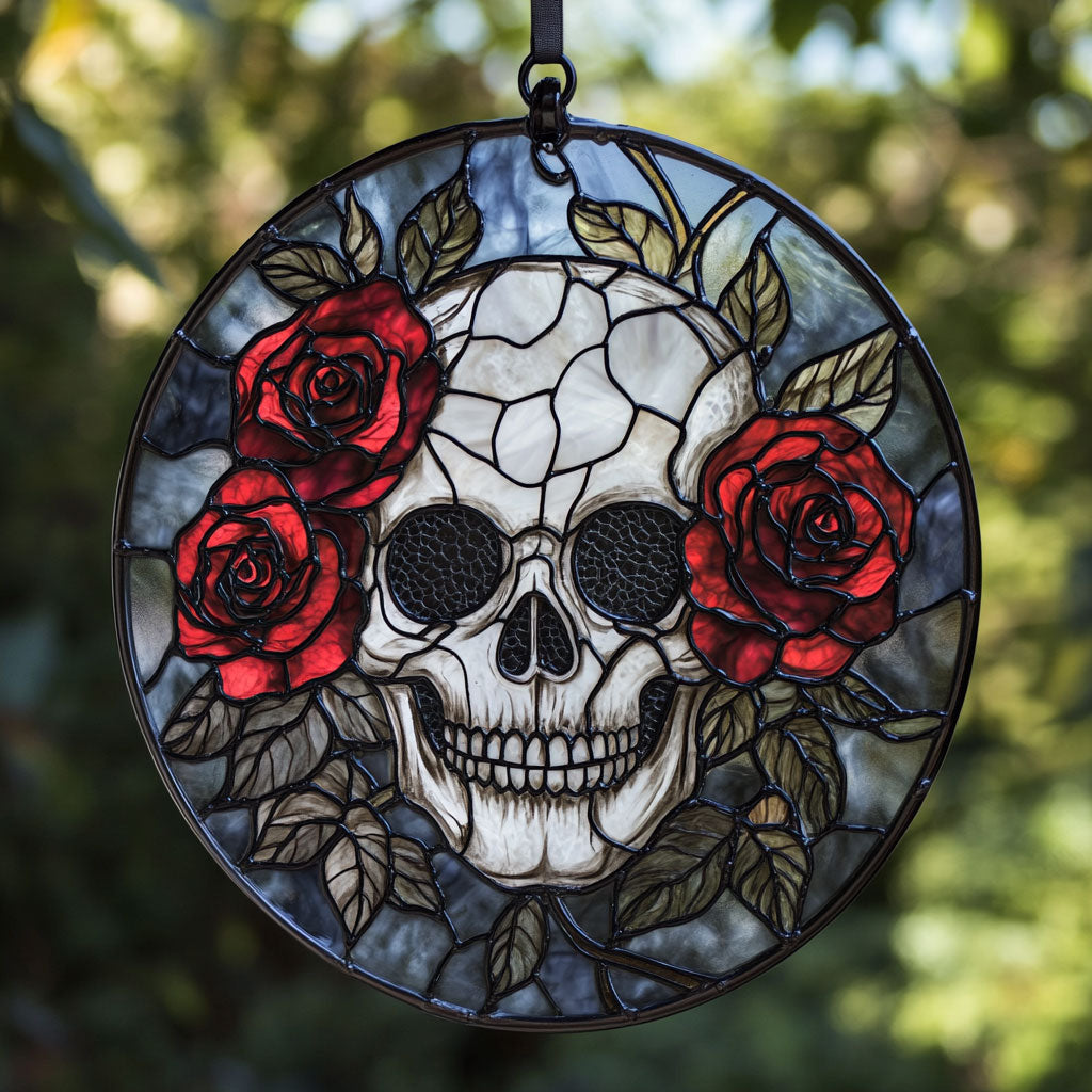 Skull And Roses WU1402040CL Stained Glass Suncatcher