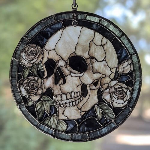 Skull And Roses WU1402041CL Stained Glass Suncatcher