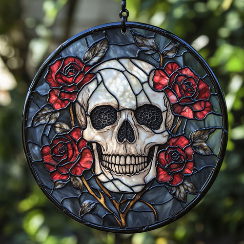 Skull And Roses WU1402042CL Stained Glass Suncatcher