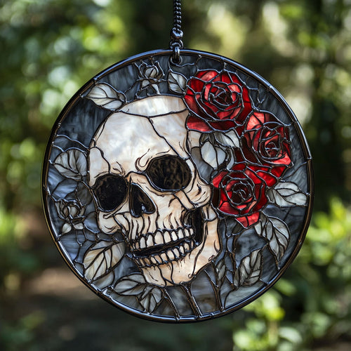 Skull And Roses WU1402044CL Stained Glass Suncatcher