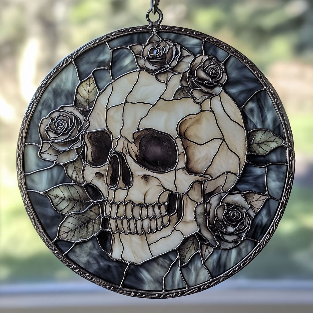 Skull And Roses WU1402046CL Stained Glass Suncatcher